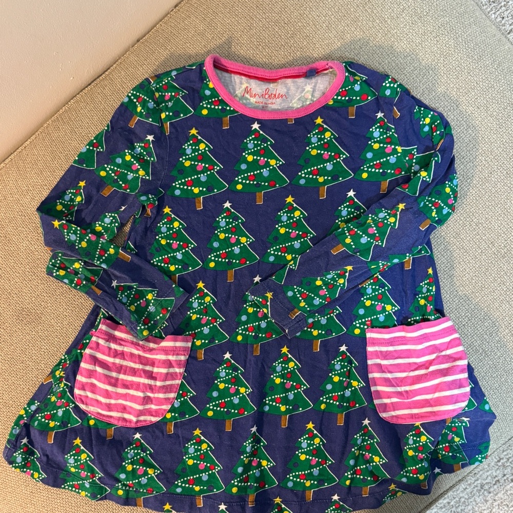 Mini Boden Christmas Tree Dress with Pink Accents
